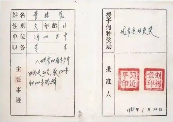 圖為1985年1月，時(shí)任正定縣委書記的習(xí)近平為參賽運(yùn)動(dòng)員頒發(fā)的“優(yōu)秀運(yùn)動(dòng)員獎(jiǎng)”。